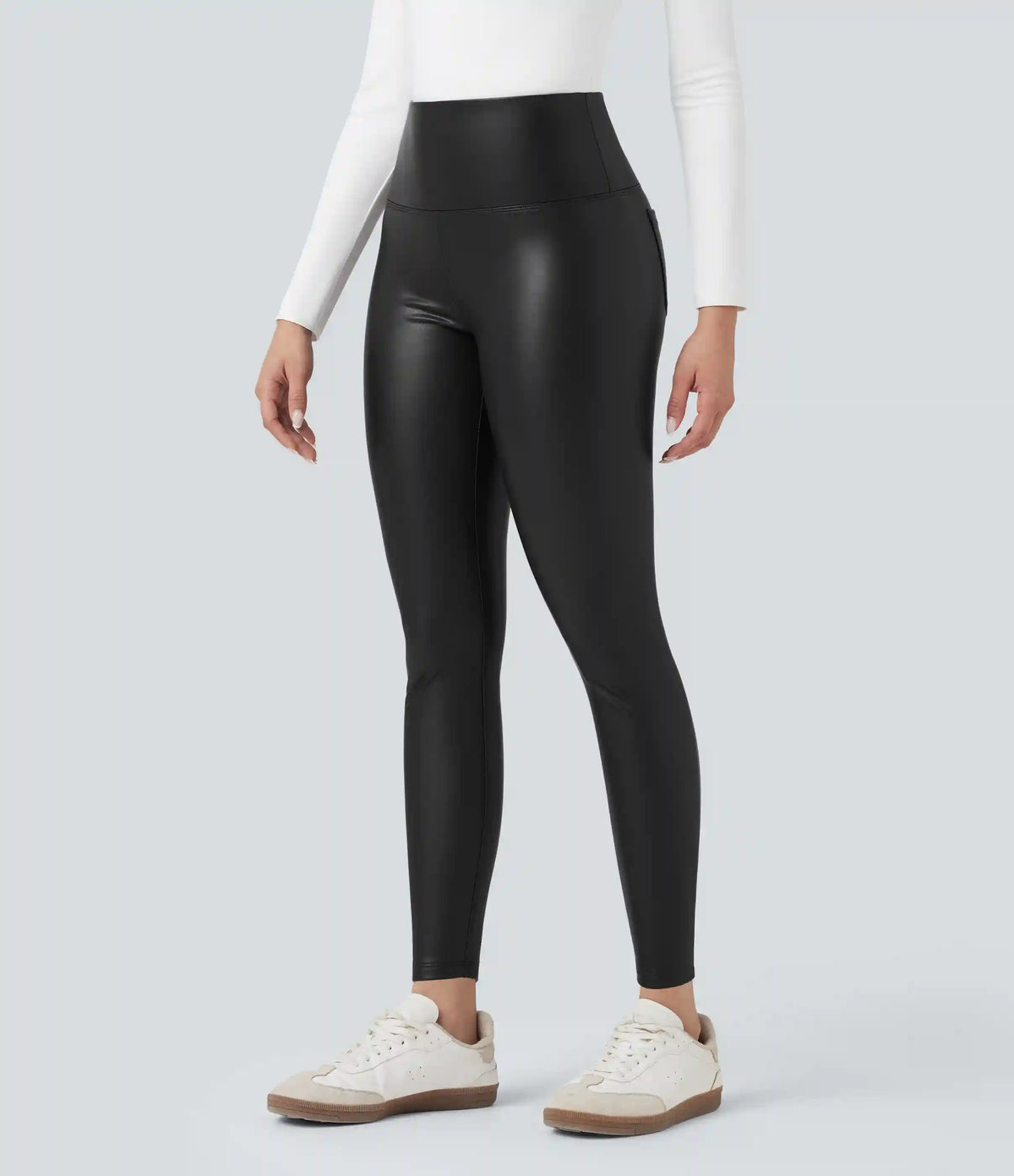 High Waisted Tummy Control Stretchy PU Fleece 7/8 Skinny Casual Leggings with Pockets