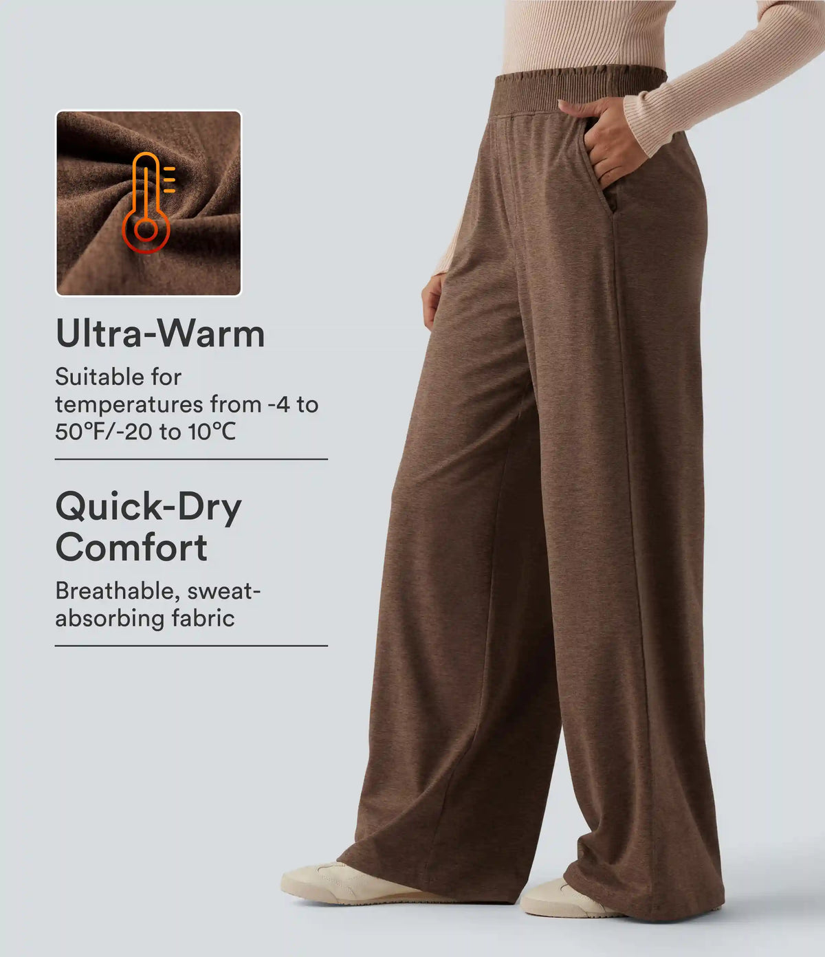 High Waisted Lettuce Trim Quick Dry Heathered Casual Wide Leg Sweatpants with Pockets-UPF40+
