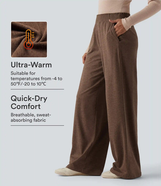 High Waisted Lettuce Trim Quick Dry Heathered Casual Wide Leg Sweatpants with Pockets-UPF40+