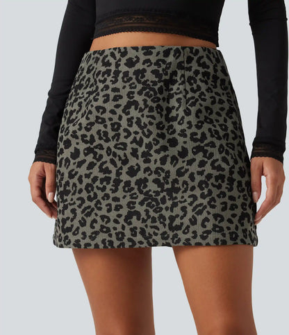 High Waisted 2-in-1 A-Line Leopard Print Corduroy Mini Casual Skirt with Pocket