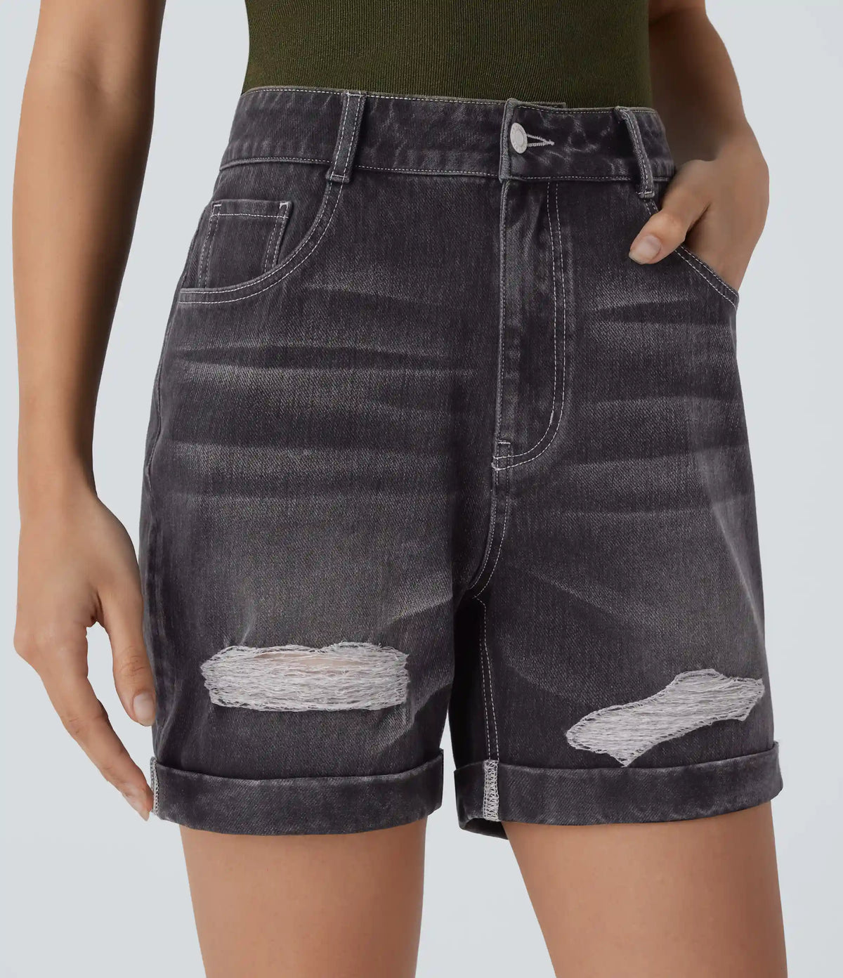 Halara Flex™ High Waisted Pockets Ripped Rolled Hem Washed Denim Casual Shorts