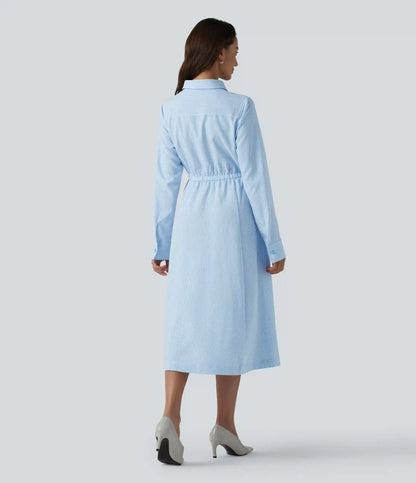 Collar Long Sleeve Tie-front Stripes Midi Work Shirt Dress