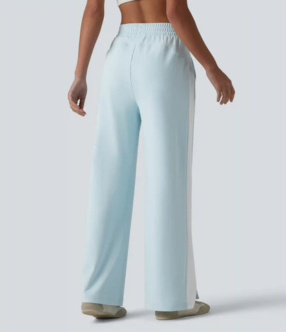 DayStretch High Waisted Drawstring Color Block Stripe Split Straight Leg Yoga Pants with Pockets