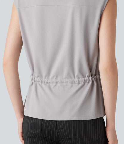 V-neck Sleeveless Button Fly Drawstring Work Shirt