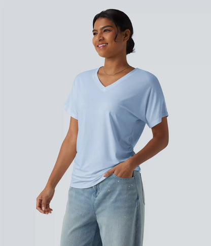 V-neck Short Sleeve Ruched Plain Casual T-Shirt