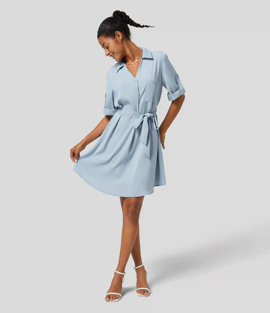 Roll Up Sleeve Belted Relaxed Work Shirt Dress