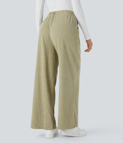 Ribbed High Waisted Pocket Wide Leg Casual Pants