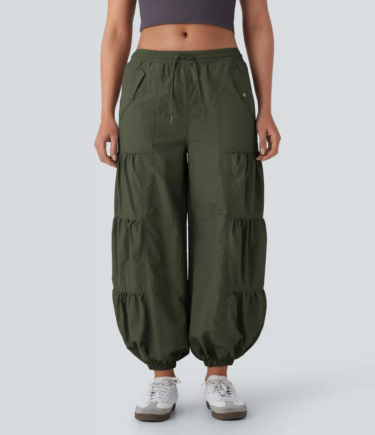 Mid Rise Drawstring Pocket Ruched Parachute Casual Cargo Baggy Joggers