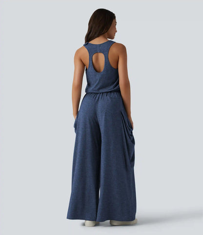 Sleeveless Cut Out Wide Leg Casual Jumpsuit with Pockets-Easy Peezy Edition