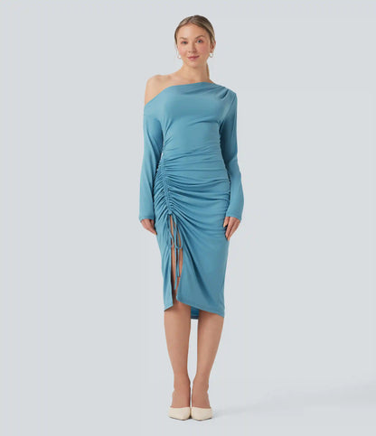 One-shoulder Long Sleeve Ruched Split Midi Bodycon Dress