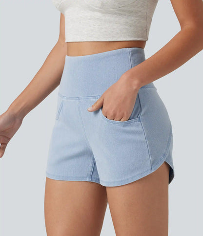 Halara Flex™ High Waisted Tummy Control Curved Hem Skinny Denim Casual Shorts with Pockets