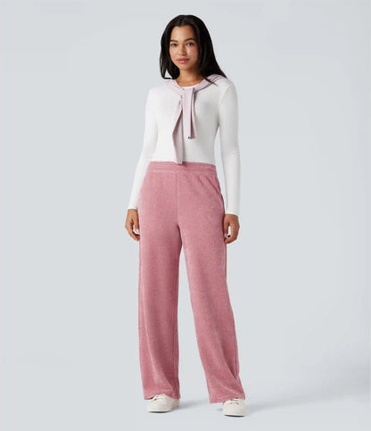 Mid Rise Chenille Waffle Casual Straight-leg Pants with Pockets