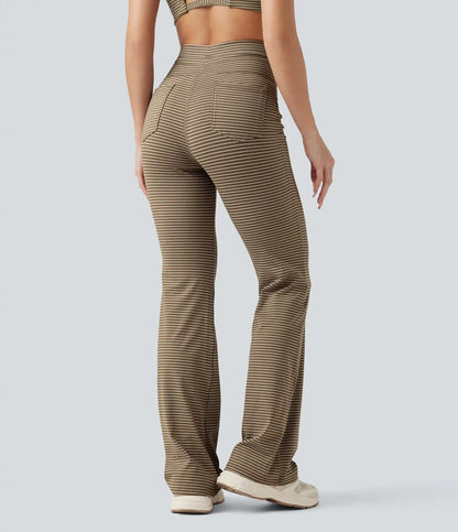 High Waisted Drawstring Stripe Flare Yoga Pants with Pockets
