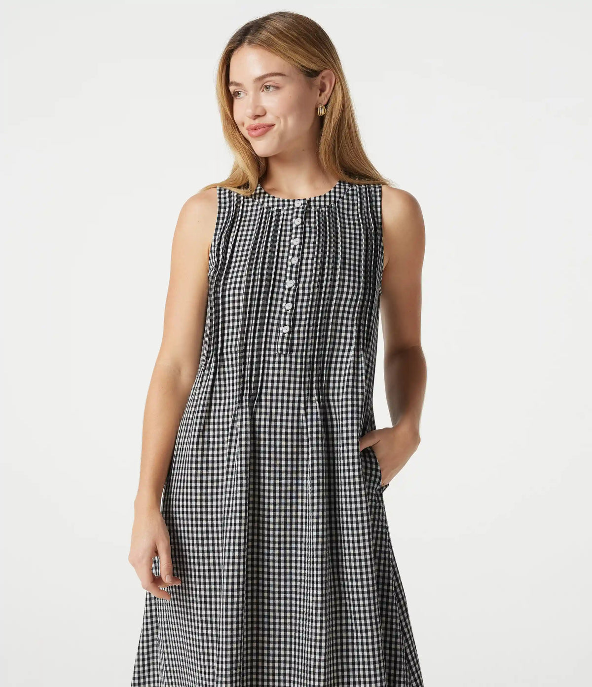 Round Neck Sleeveless Plaid Midi Casual Linen-Feel Dress with Pockets