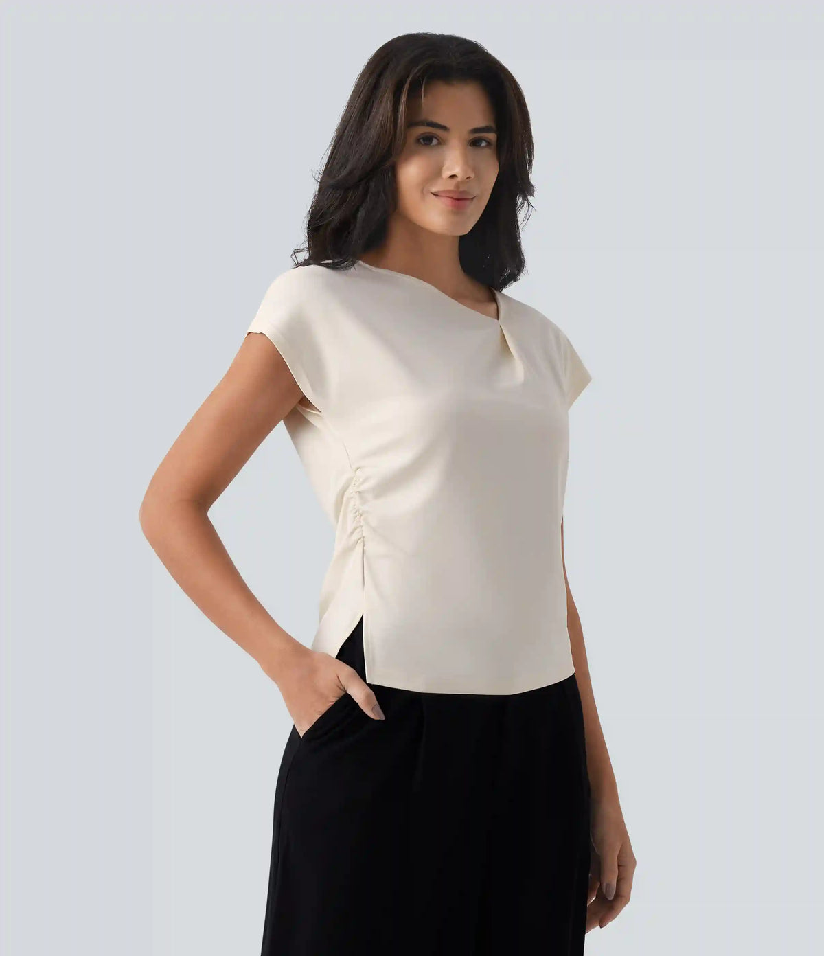 Asymmetric Cowl Neck Short Sleeve Ruched Split Hem Work Blouse