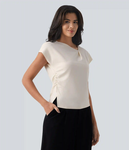 Asymmetric Cowl Neck Short Sleeve Ruched Split Hem Work Blouse