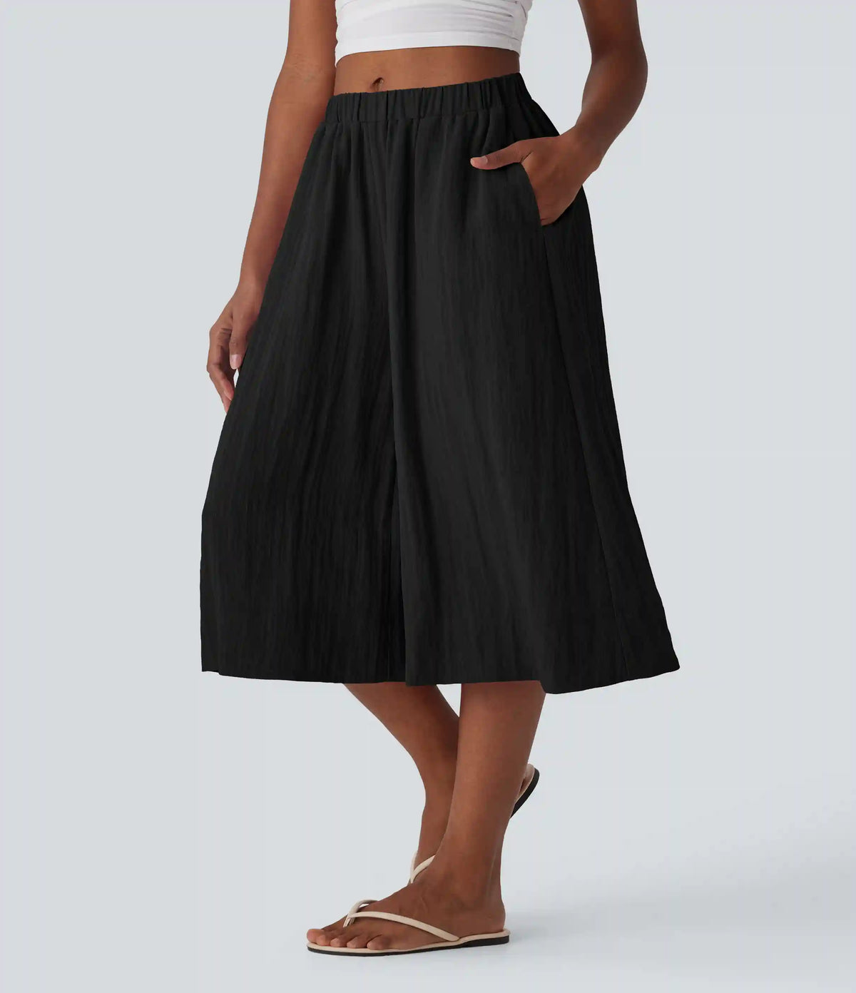 Mid Rise Wide Leg Flowy Linen-Feel Pants with Pocket