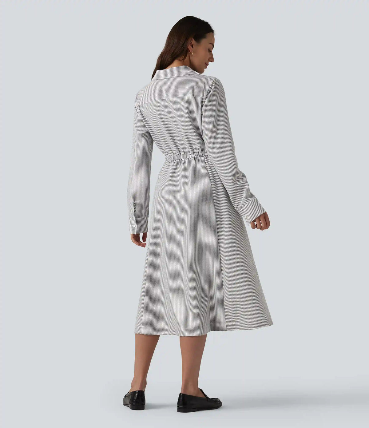 Collar Long Sleeve Tie-front Stripes Midi Work Shirt Dress