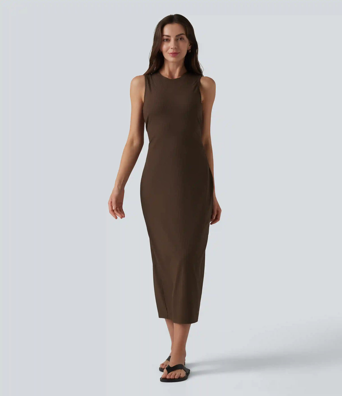 Ribbed Round Neck Sleeveless Built-in Bra Bodycon Midi Casual Dress
