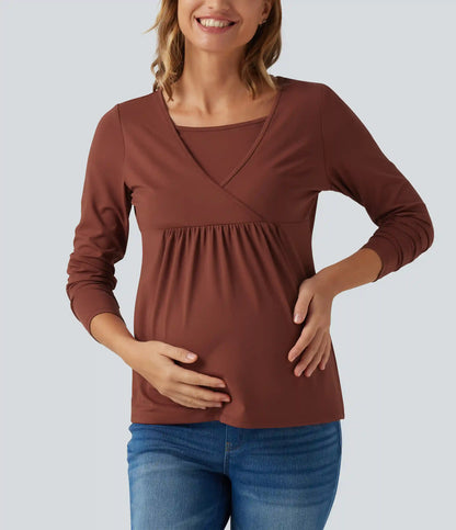 Boat Neck Long Sleeve Crossover Casual Maternity Top