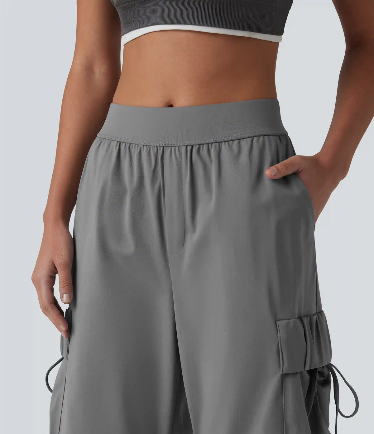 Mid Rise Ruched Tie Workout Cargo Bootcut Pants with Pockets