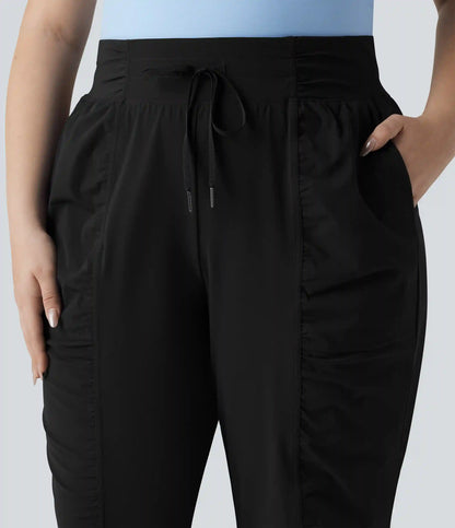 Plus Size High Waisted Drawstring Ruched Tapered Quick Dry InstantCool Dance Joggers with Pockets-UPF40+