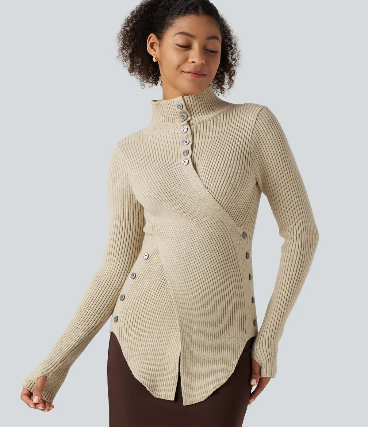 Ribbed Knit High Neck Long Sleeve Thumb Hole Crossover Hem Slim Work Sweater