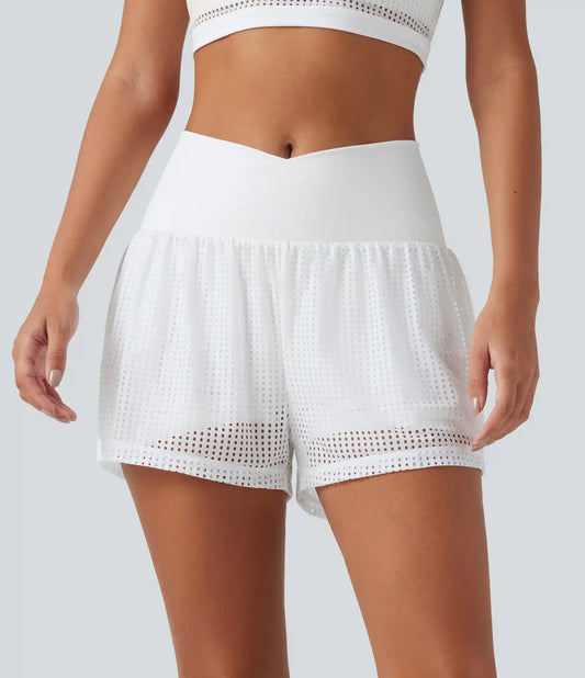 SoftlyZero™ QuickDry Crossover High Waisted 2-in-1 Eyelet Yoga Shorts 3'' with Pockets