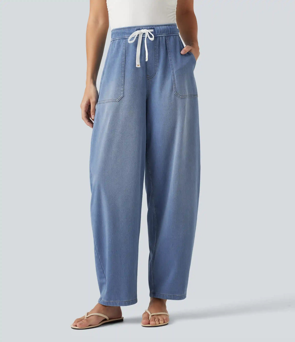 Halara Flex™ Mid Rise Drawstring Barrel Leg Casual Jeans with Pockets