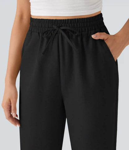 High Waisted Drawstring Tapered Casual Linen-Feel Pants with Pockets