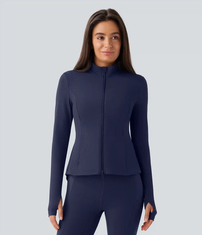 SoftlyZero™ Stand Collar Thumb Hole Pockets Pleated Zipper Slim Jacket