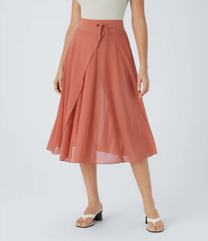 High Waisted Drawstring Contrast Mesh 2-in-1 Pocket Flowy Midi Flare Casual Skirt