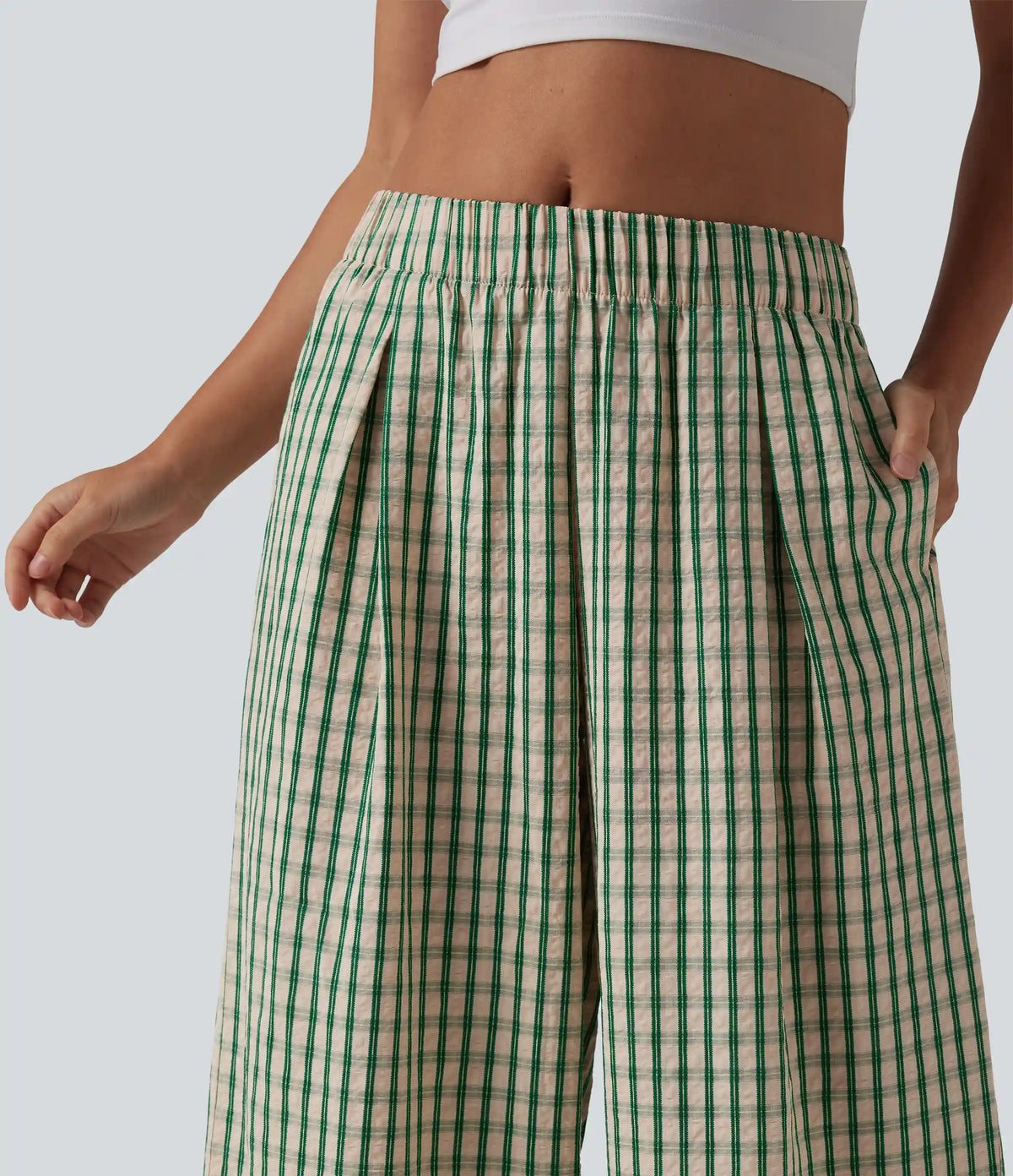 Mid Rise Plaid Cropped Casual Baggy Pants with Pockets