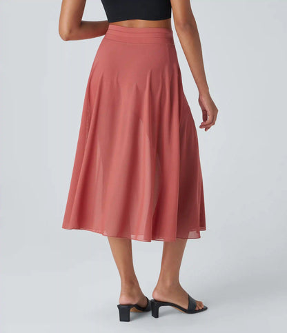 High Waisted Drawstring Contrast Mesh 2-in-1 Pocket Flowy Midi Flare Casual Skirt