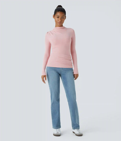 Funnel Neck Long Sleeve Ruched Skinny Thermal Casual Top
