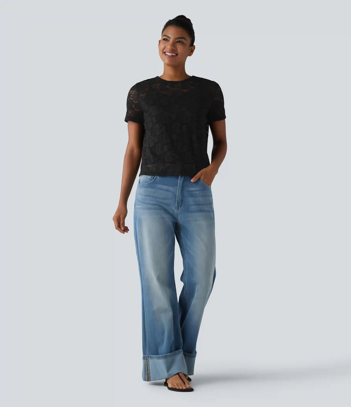Round Neck Short Sleeve Lace 2-in-1 Casual T-Shirt