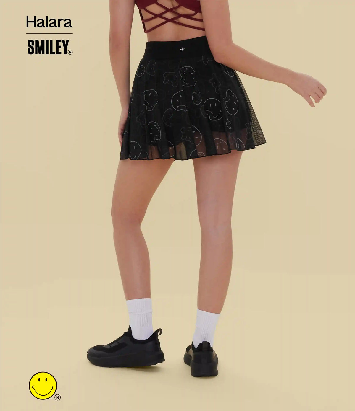 Halara X Smiley® High Waisted Drawstring Contrast Mesh 2-in-1 Flowy Mini Flare Dance Skirt with Pockets
