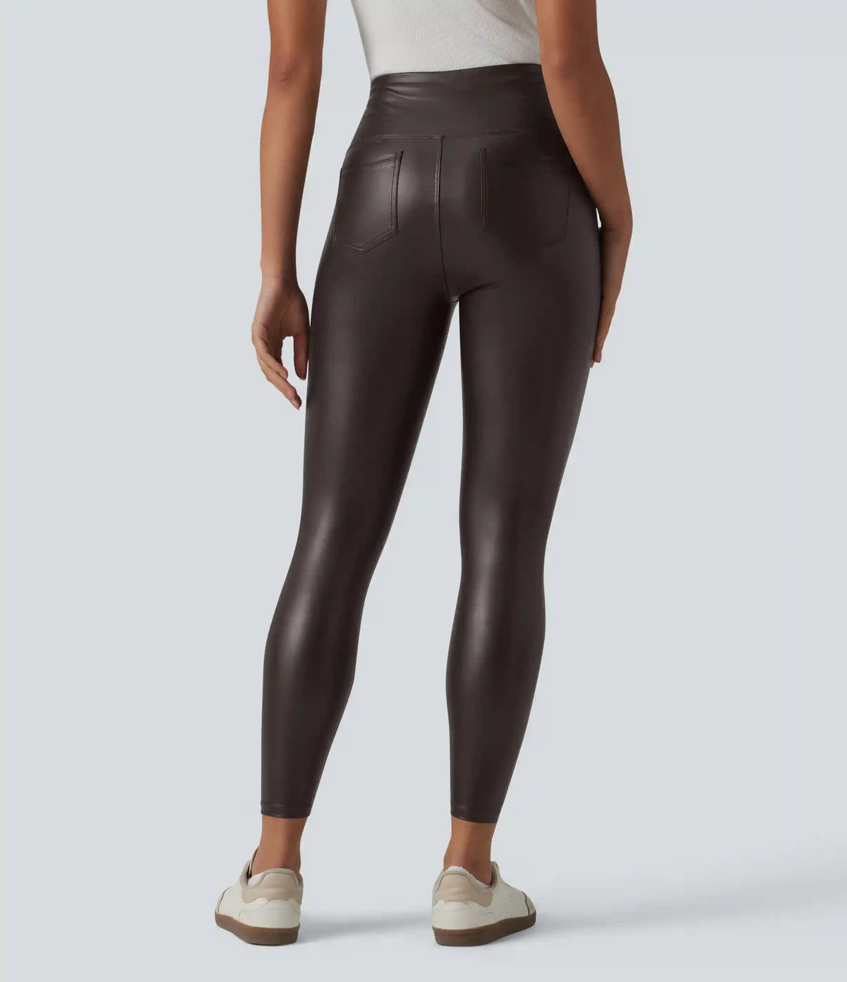 High Waisted Tummy Control Stretchy PU Casual 7/8 Leggings with Pockets