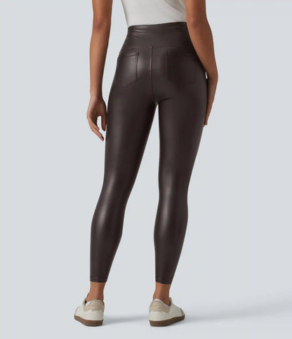 High Waisted Tummy Control Stretchy PU Casual 7/8 Leggings with Pockets