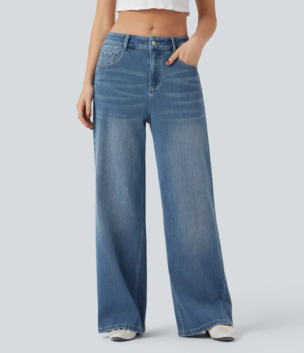 Halara Flex™ Mid Rise Wide Leg Washed Casual Jeans with Pockets