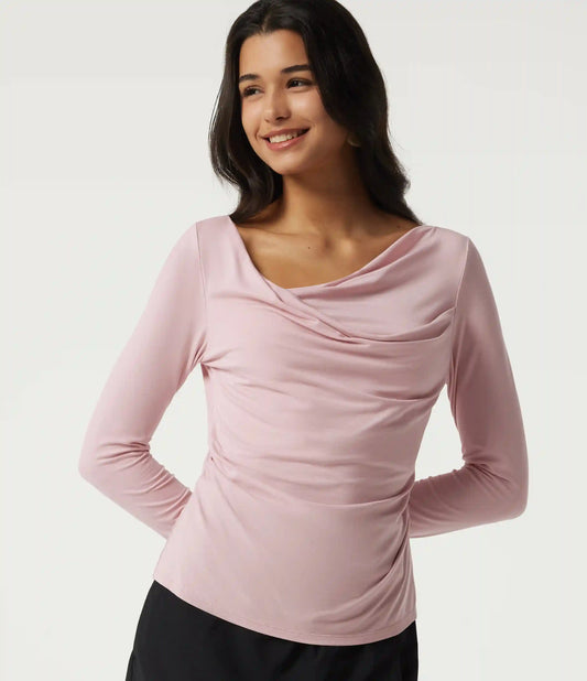 Cowl Neck Long Sleeve Ruched Casual T-Shirt