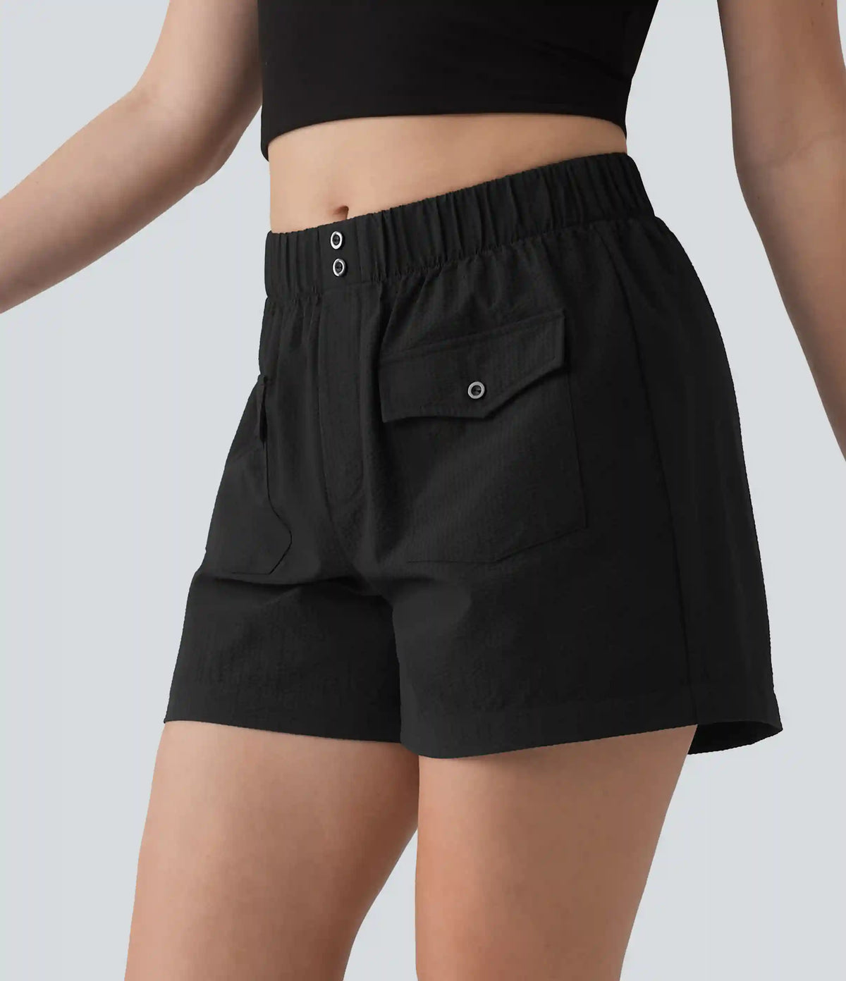 Mid Rise Quick Dry Crinkle Casual Baggy Shorts with Flap Pockets
