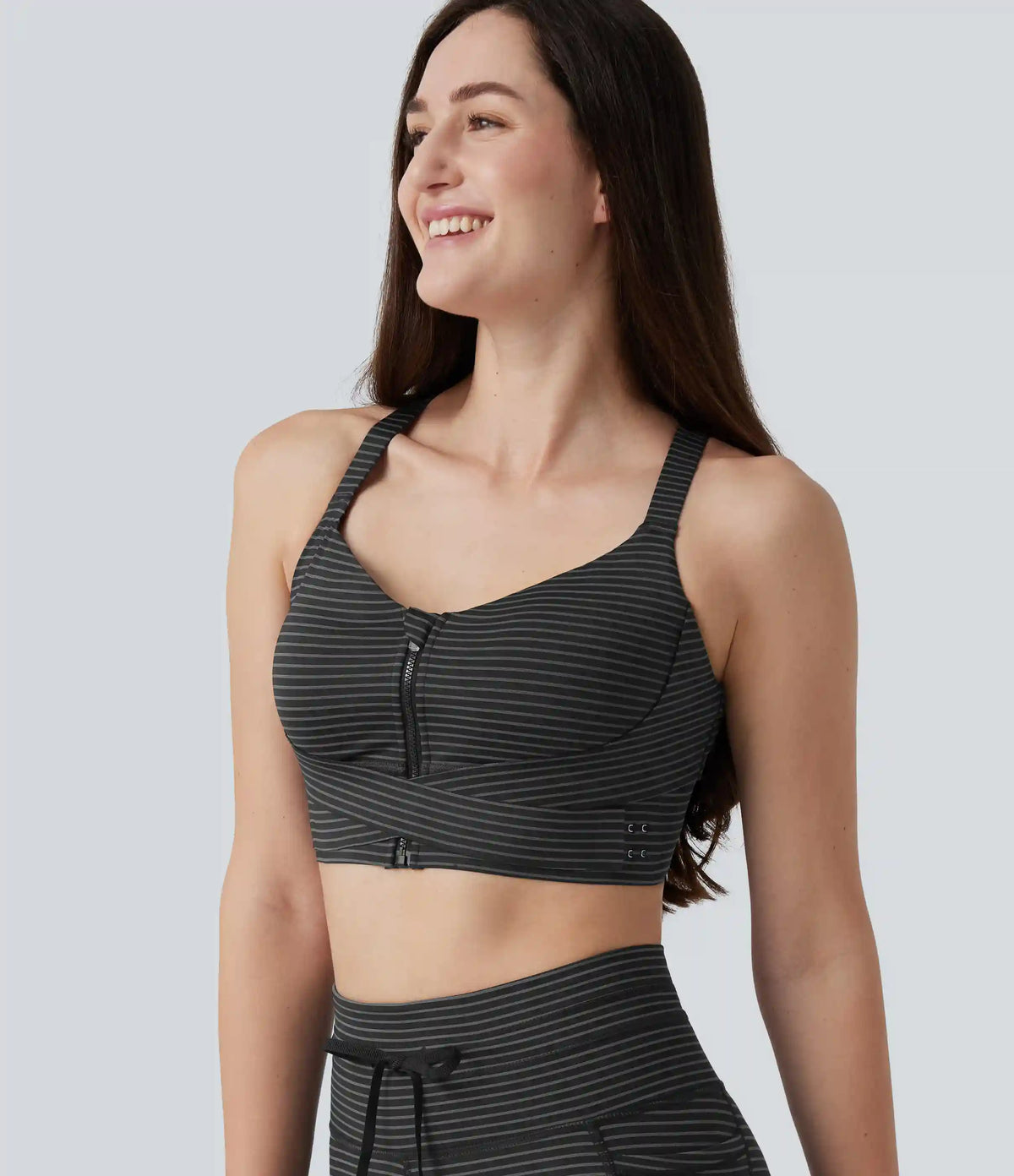 Medium Support Push Up Zipper Adjustable Built-in Bra Buckle Striped Running Sports Bra
