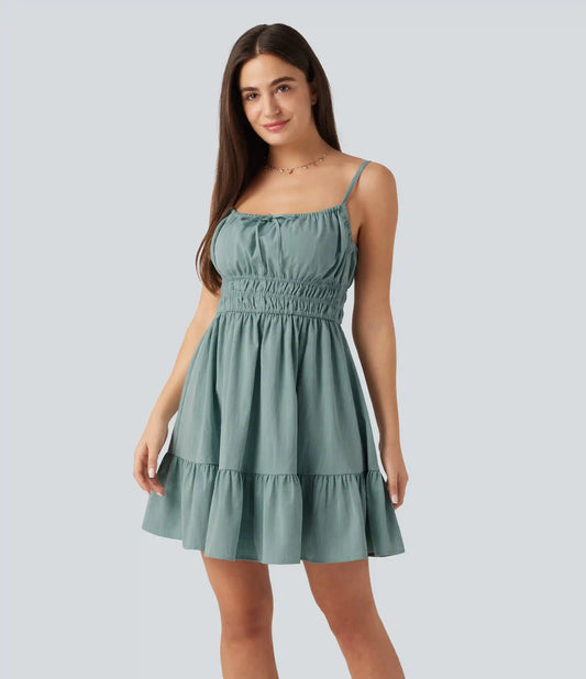 Tie Front Flowy Mini Casual Linen-Feel Slip Milkmaid Dress