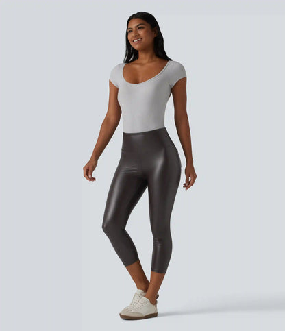 High Waisted Tummy Control Stretchy PU Casual Capri Leggings with Pockets