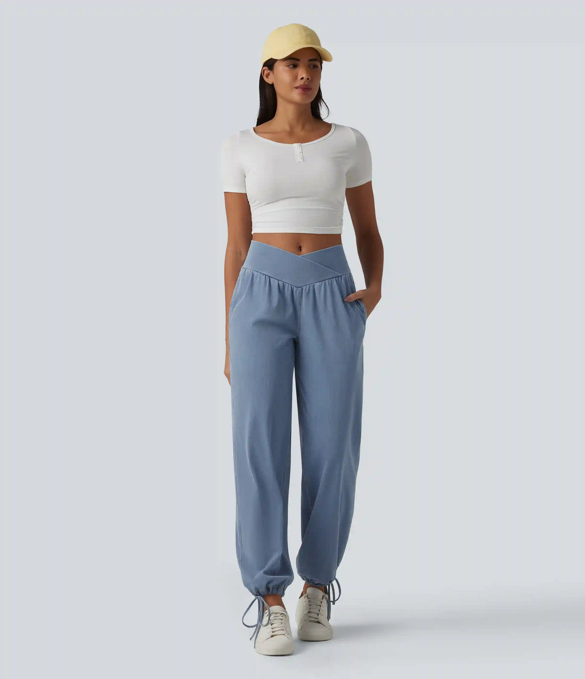 Halara Flex™ Mid Rise Crossover Drawstring Denim Casual Joggers with Pockets