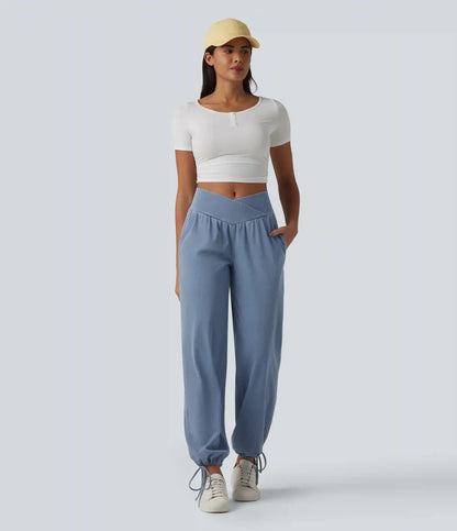 Halara Flex™ Mid Rise Crossover Drawstring Denim Casual Joggers with Pockets