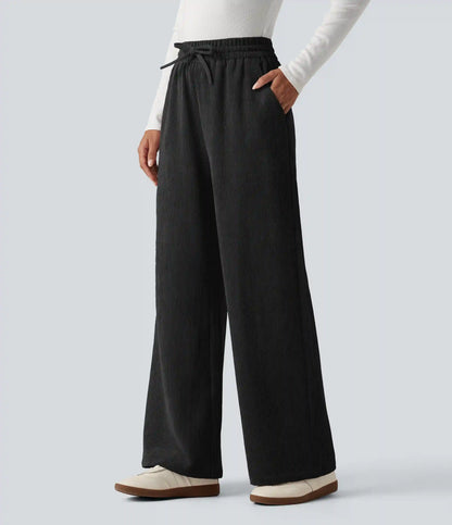 High Waisted Drawstring Wide Leg Corduroy Casual Pants with Pockets