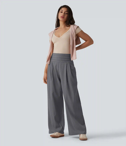 Adjustable Super High Waisted Shirred Wide Leg Casual Linen-Feel Pants with Pockets