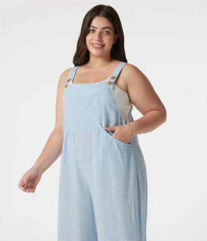 Plus Size Plaid Casual Linen-Feel Overalls with Pockets